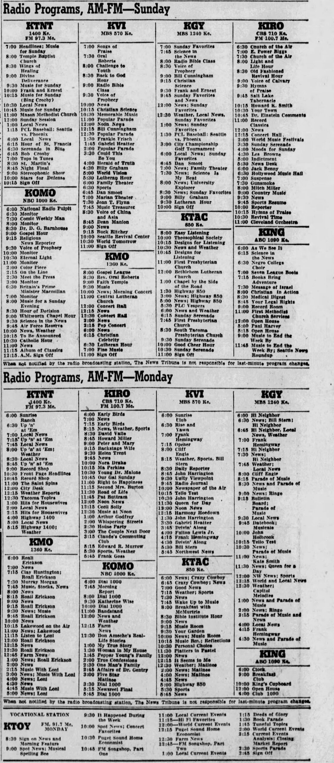June 1958 News Tribune Radio Listings QZVX Broadcast History