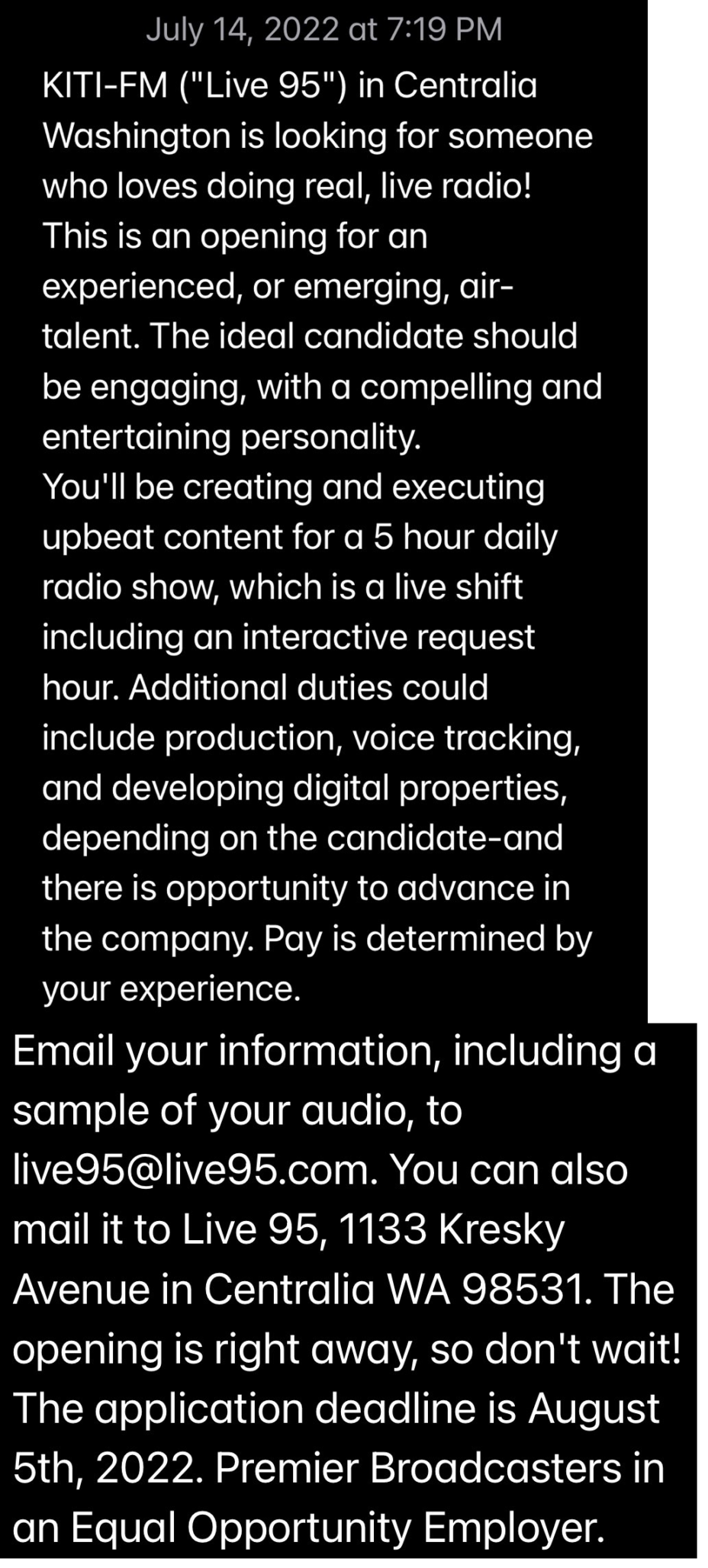 Tape & Resume Job Opening at Centralia’s LIVE 95 QZVX Broadcast